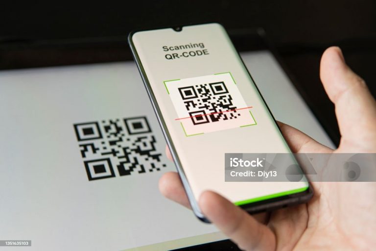 Scanning QR code with mobile smart phone. all the graphics on the screen are made up. checking the qr code on the mobile phone.